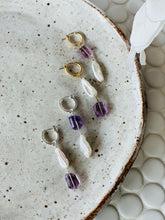 Load image into Gallery viewer, Lydia Pearl Amethyst Huggie Set