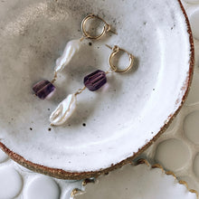 Load image into Gallery viewer, Lydia Pearl Amethyst Huggie Set