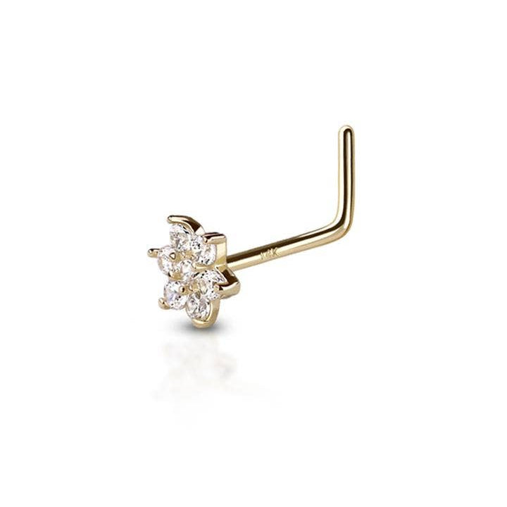 14K Solid Gold CZ Flower Nose Stud