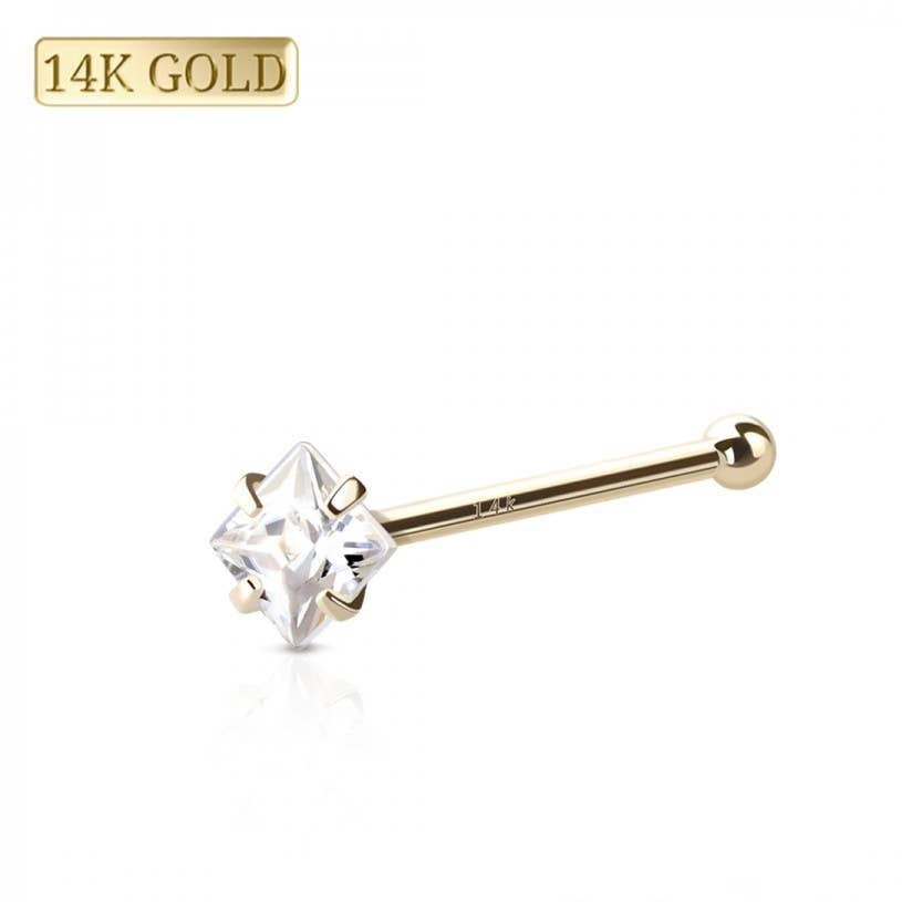 14K Solid Gold Square Gem Nose Stud