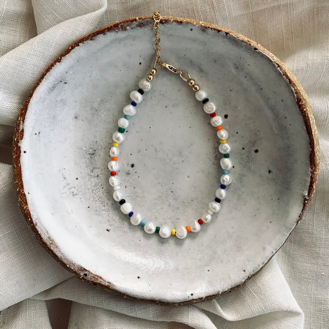 Beaded Rainbow + Pearl Bracelet