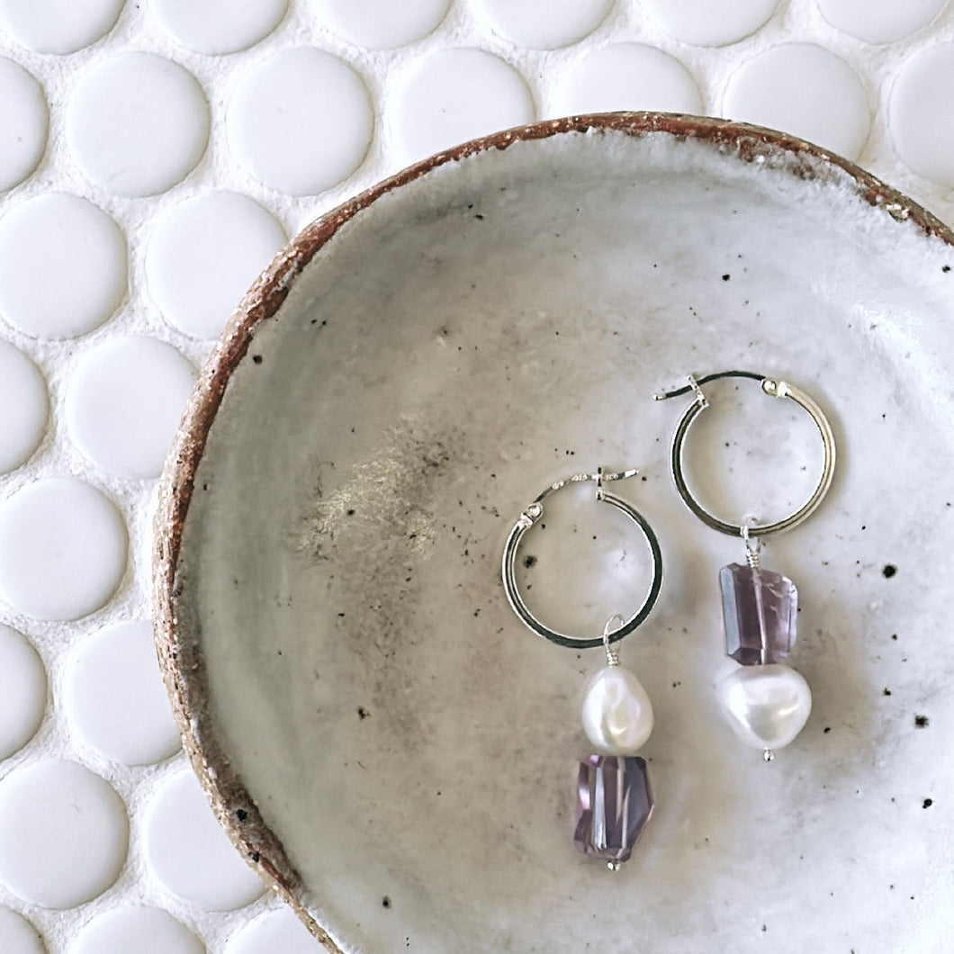 Pearl & Faceted Amethyst Charm + Huggie Set